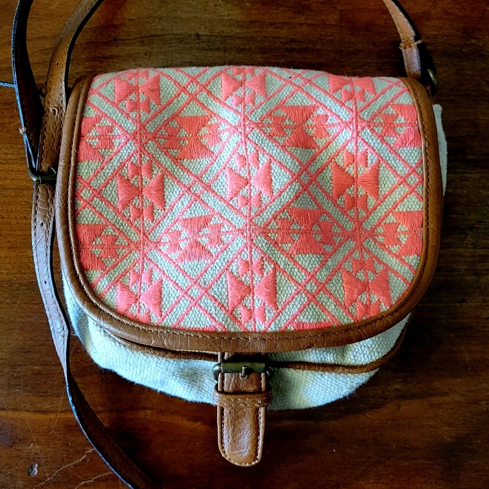 Coral Tribal Linen Mini Cross-Body Bag